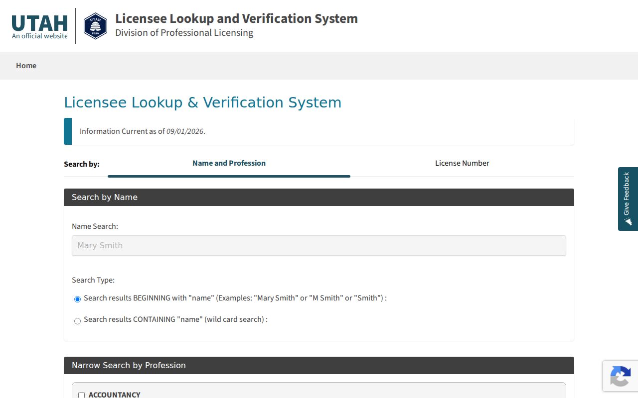 Roy Utah professional license lookup